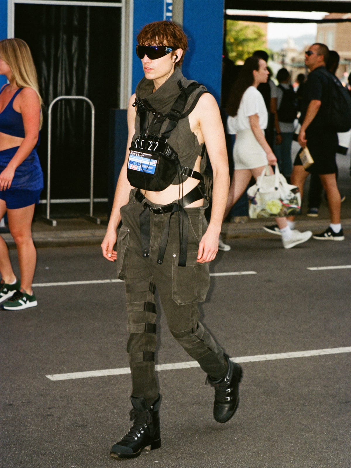 Cyberpunk Utility outfit for Amsterdam Dance Event: technical vest or shell, strap cargo trousers, tactical boots