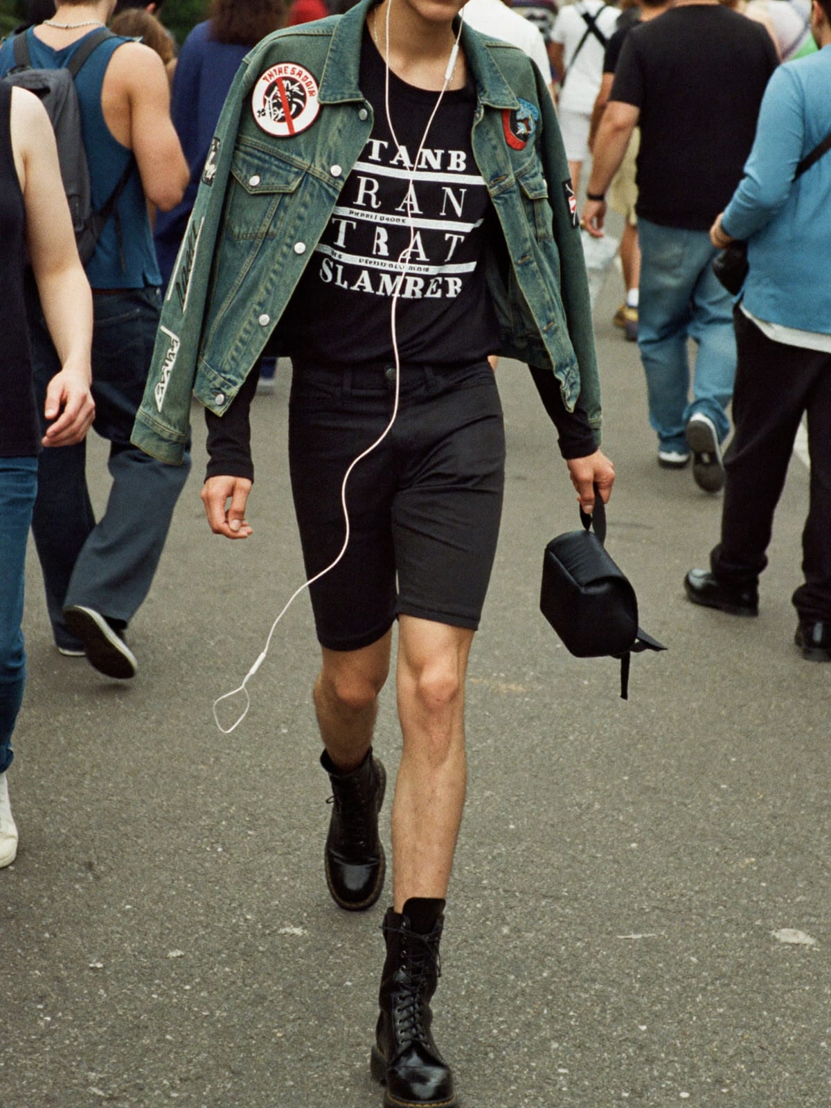 Metal Uniform outfit for Amsterdam Dance Event: black band tee, denim battle jacket with patches, black jeans or shorts
