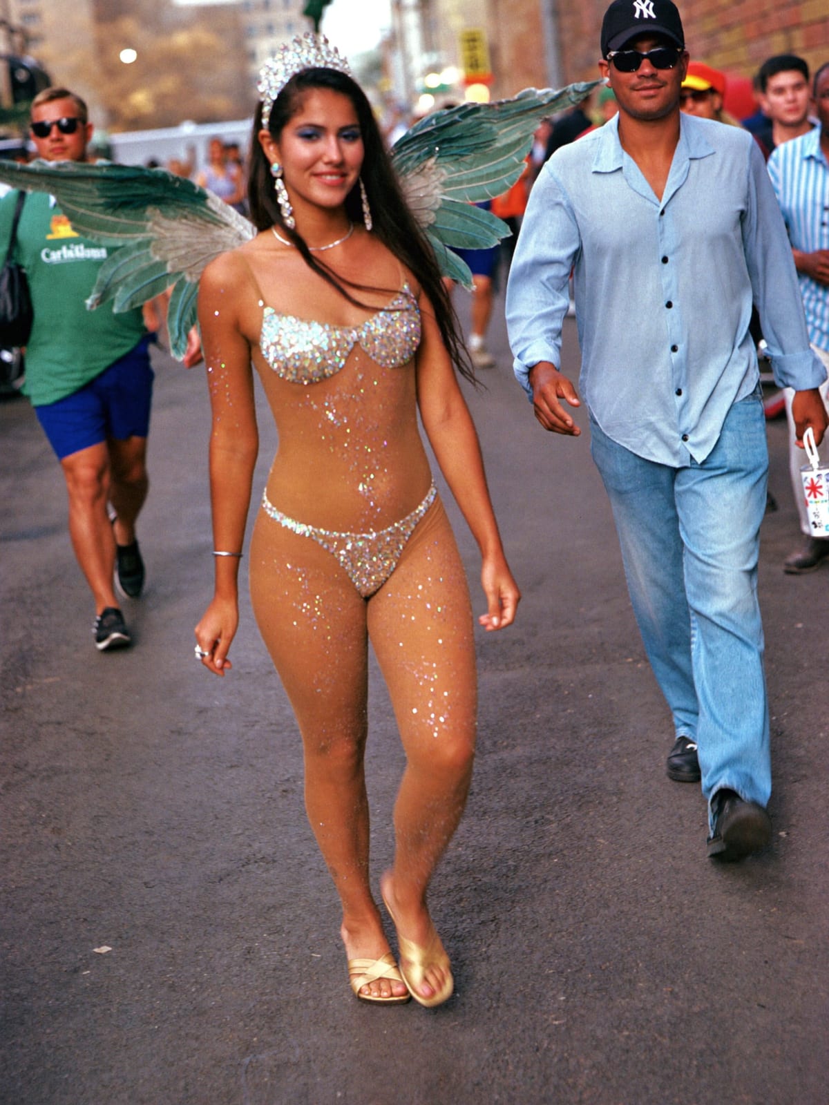 Carnival Feathers outfit for Barranquilla Carnival: feather headpiece and wings, sequin bodysuit, body gems and glitter