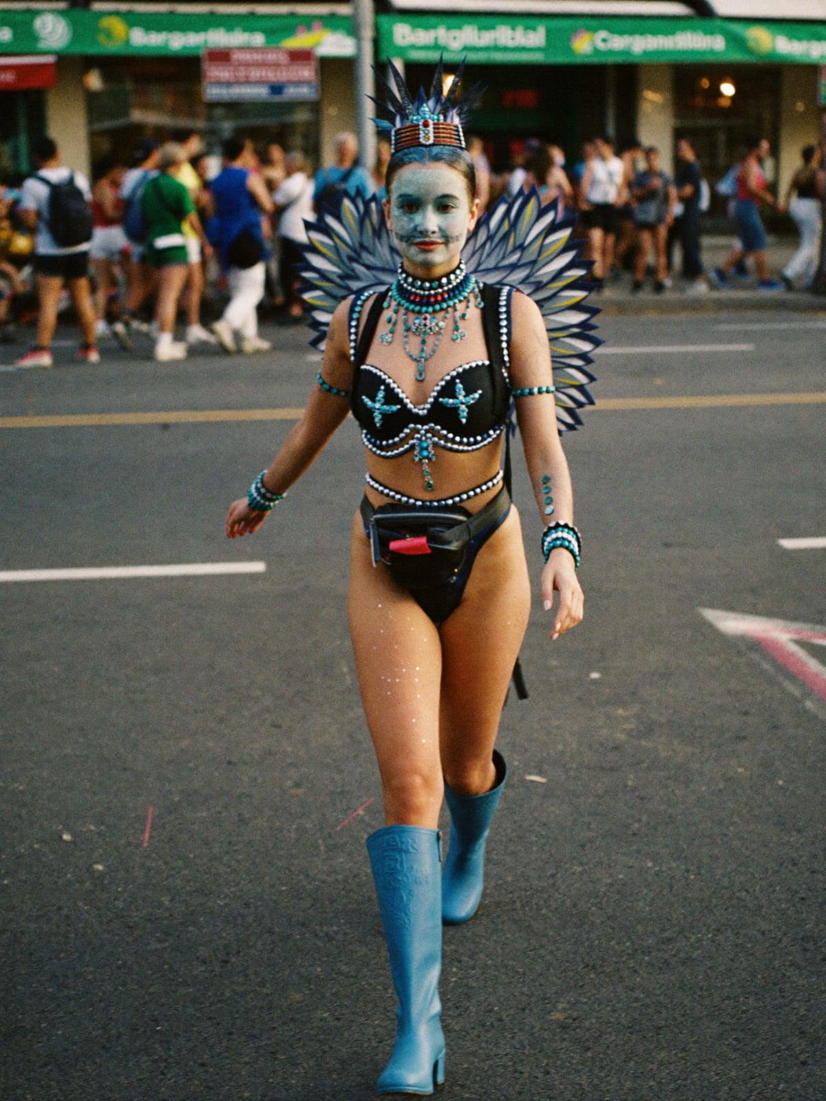 Full Costume outfit for Barranquilla Carnival: full themed costume or wings, body gems, glitter and paint, boots you can walk kilometres in