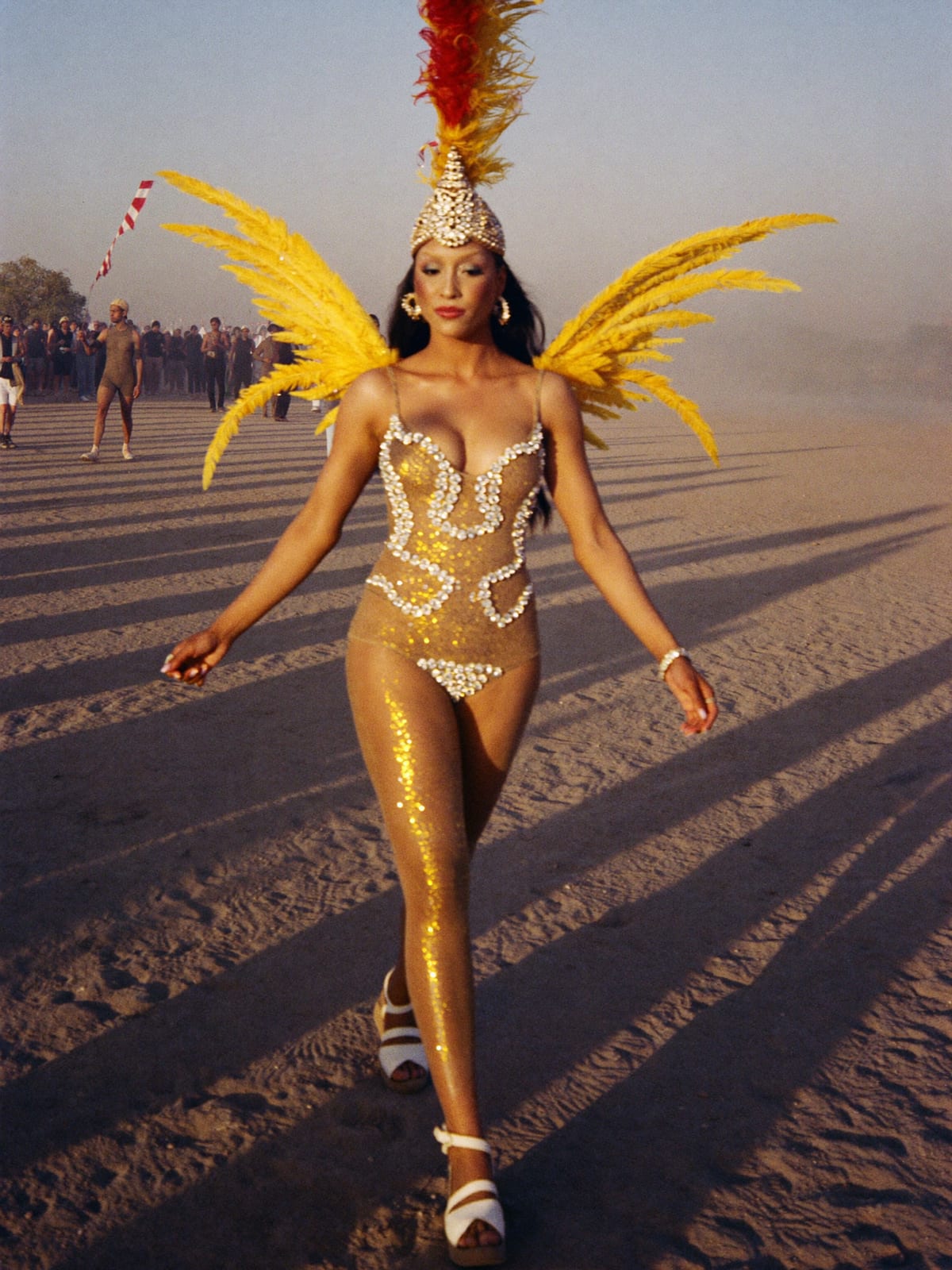 Carnival Feathers outfit for Burning Man: feather headpiece and wings, sequin bodysuit, body gems and glitter