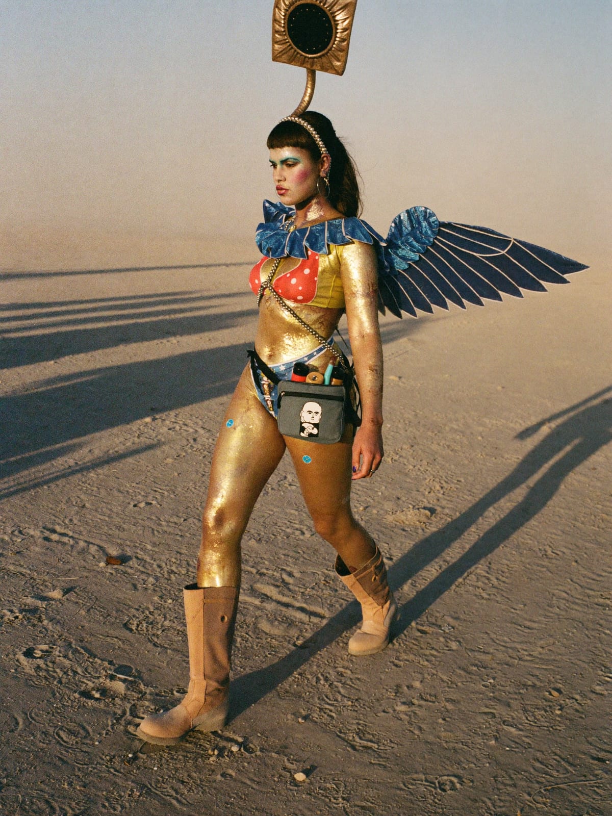 Full Costume outfit for Burning Man: full themed costume or wings, body gems, glitter and paint, boots you can walk kilometres in
