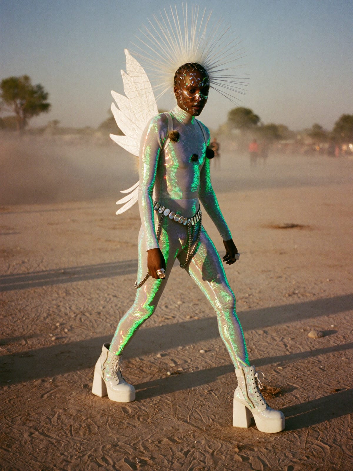 Cyber Fairy outfit for Burning Man: holographic bodysuit, fairy wings or light-up halo, platform boots
