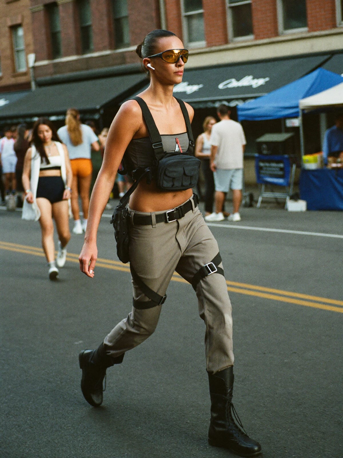 Cyberpunk Utility outfit for Calgary Stampede: technical vest or shell, strap cargo trousers, tactical boots