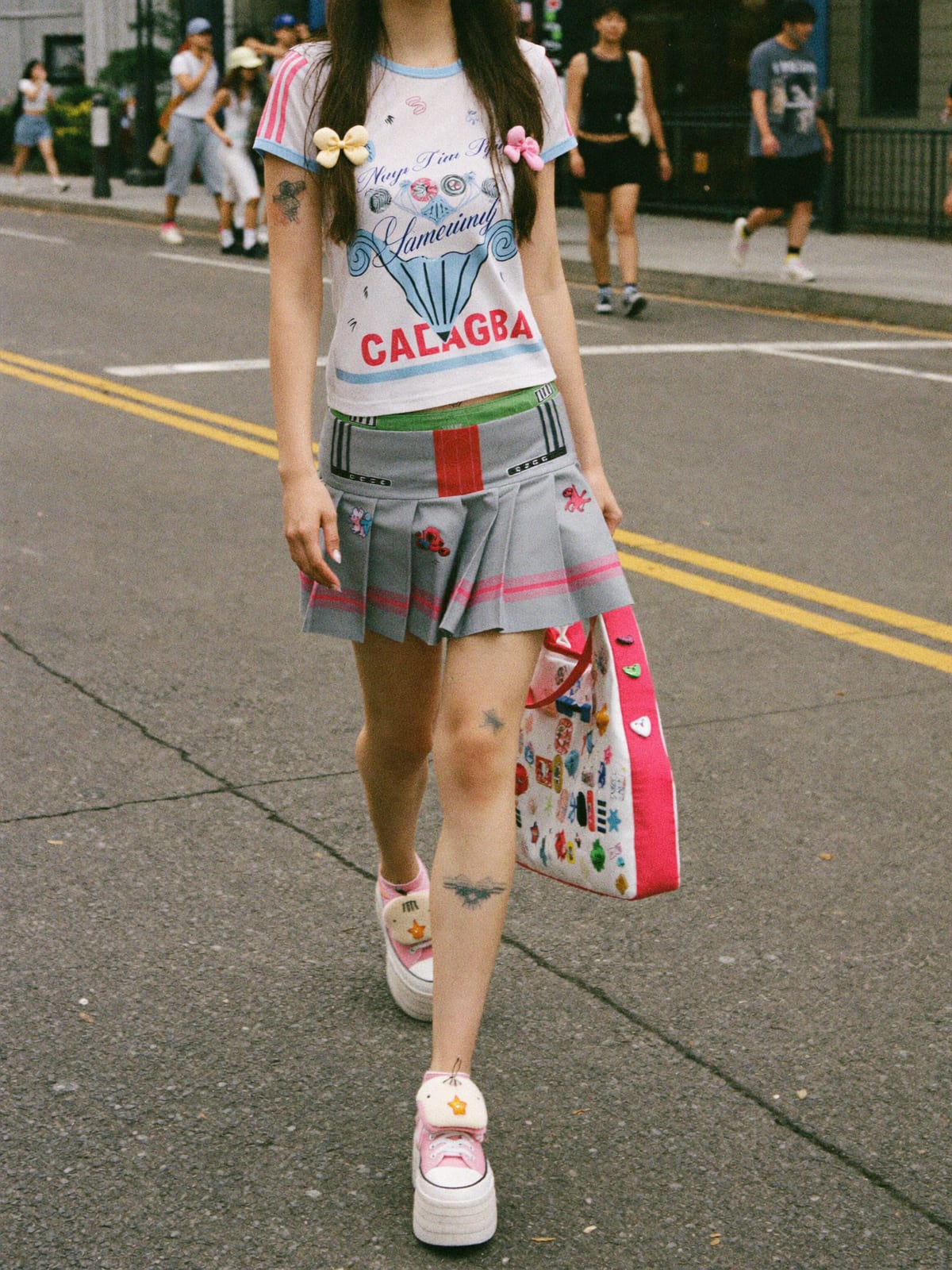 Kawaii Layer outfit for Calgary Stampede: pleated skirt set, graphic layering tee, platform sneakers
