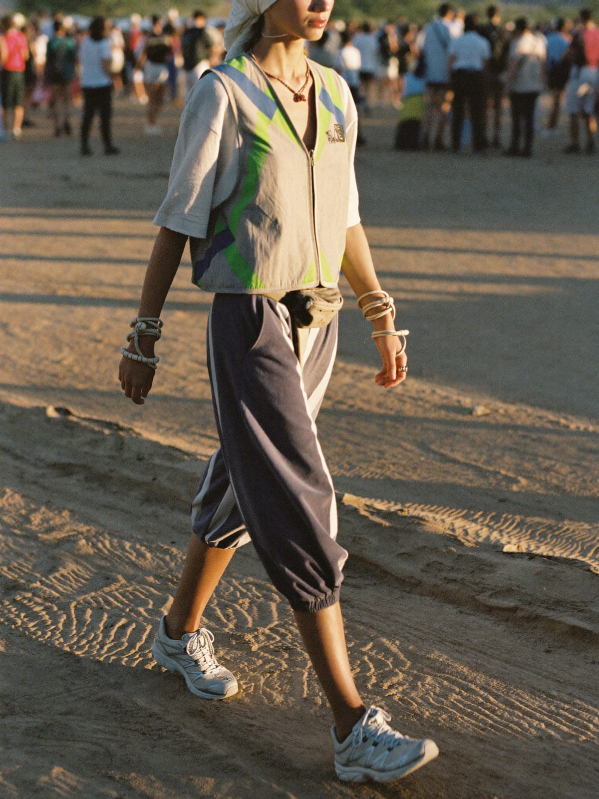 Psy Tribal outfit for Coachella: harem or parachute trousers, UV-print vest or wrap top, lightweight trail trainers