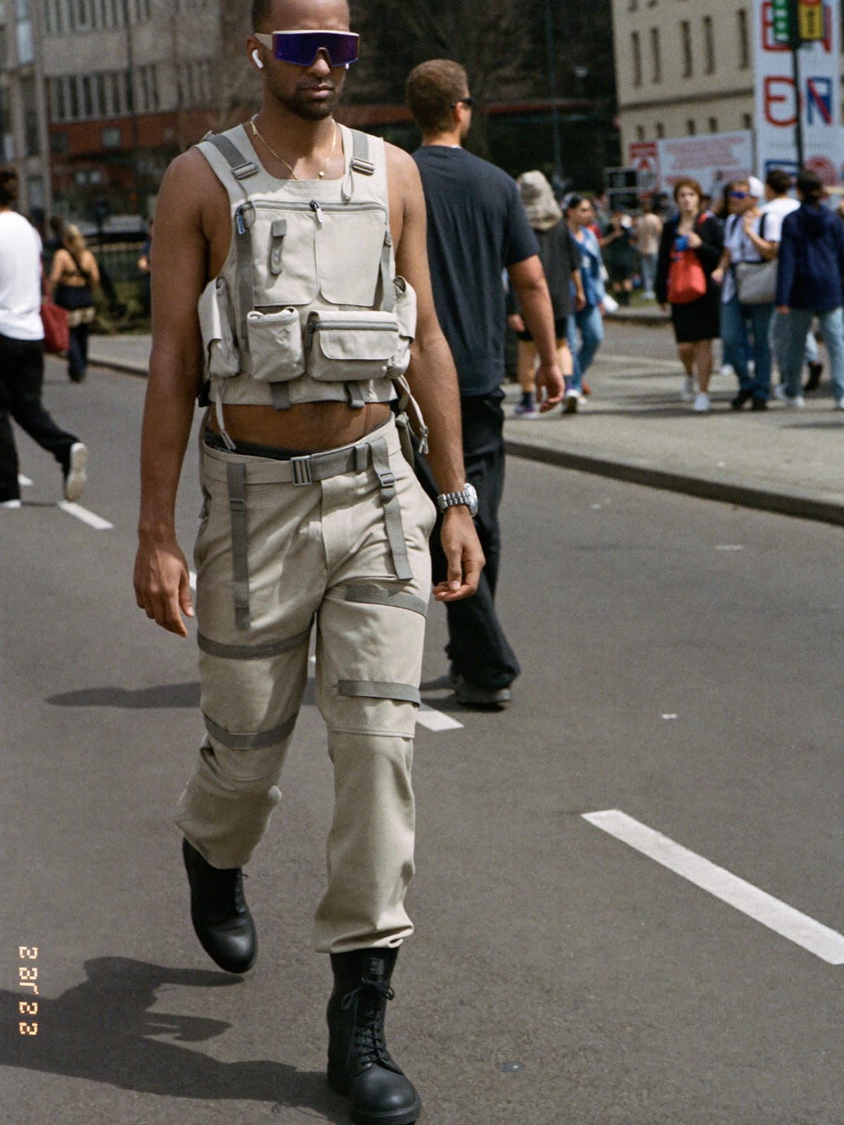 Cyberpunk Utility outfit for Cologne Carnival: technical vest or shell, strap cargo trousers, tactical boots