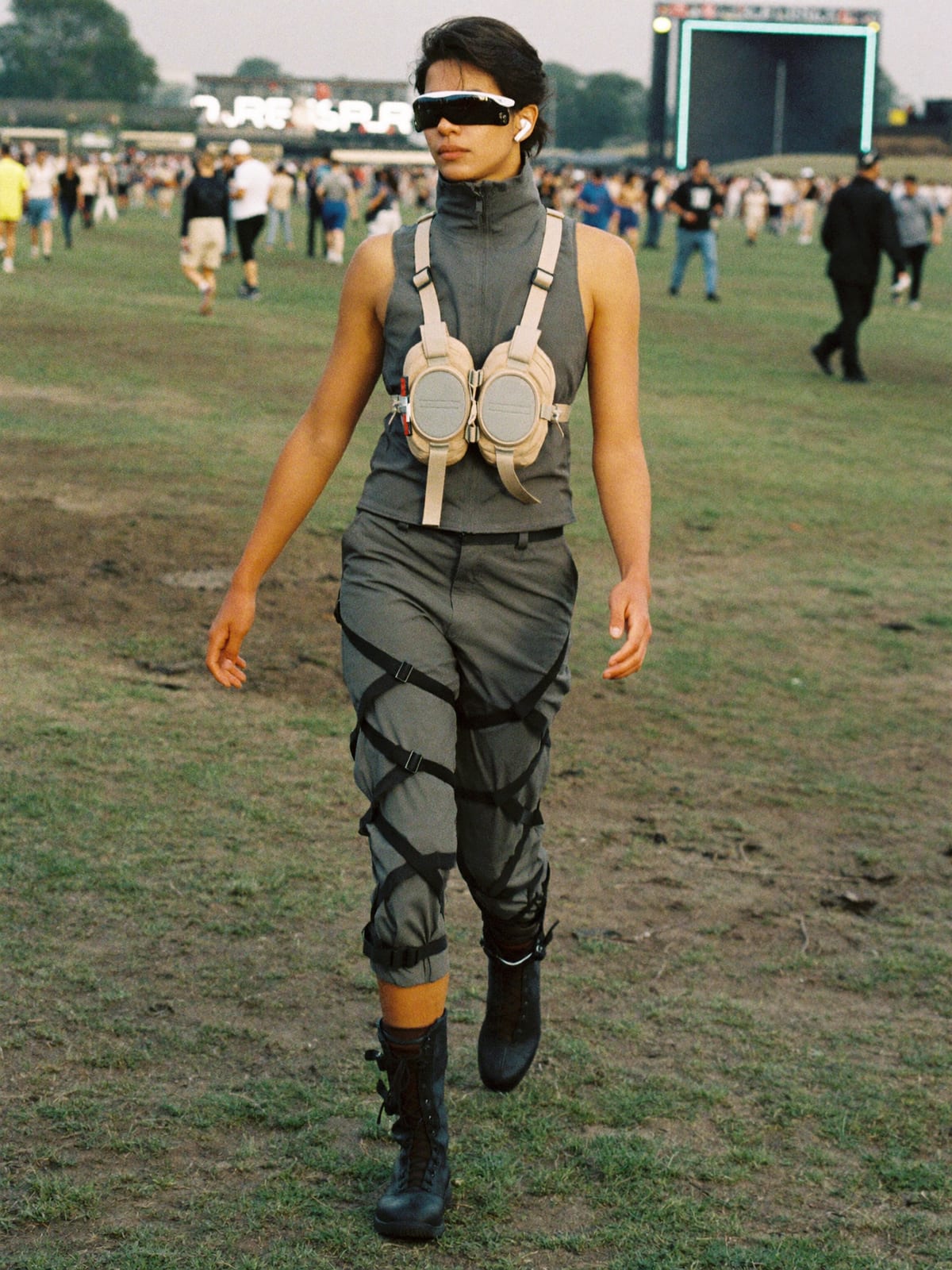 Cyberpunk Utility outfit for Creamfields: technical vest or shell, strap cargo trousers, tactical boots