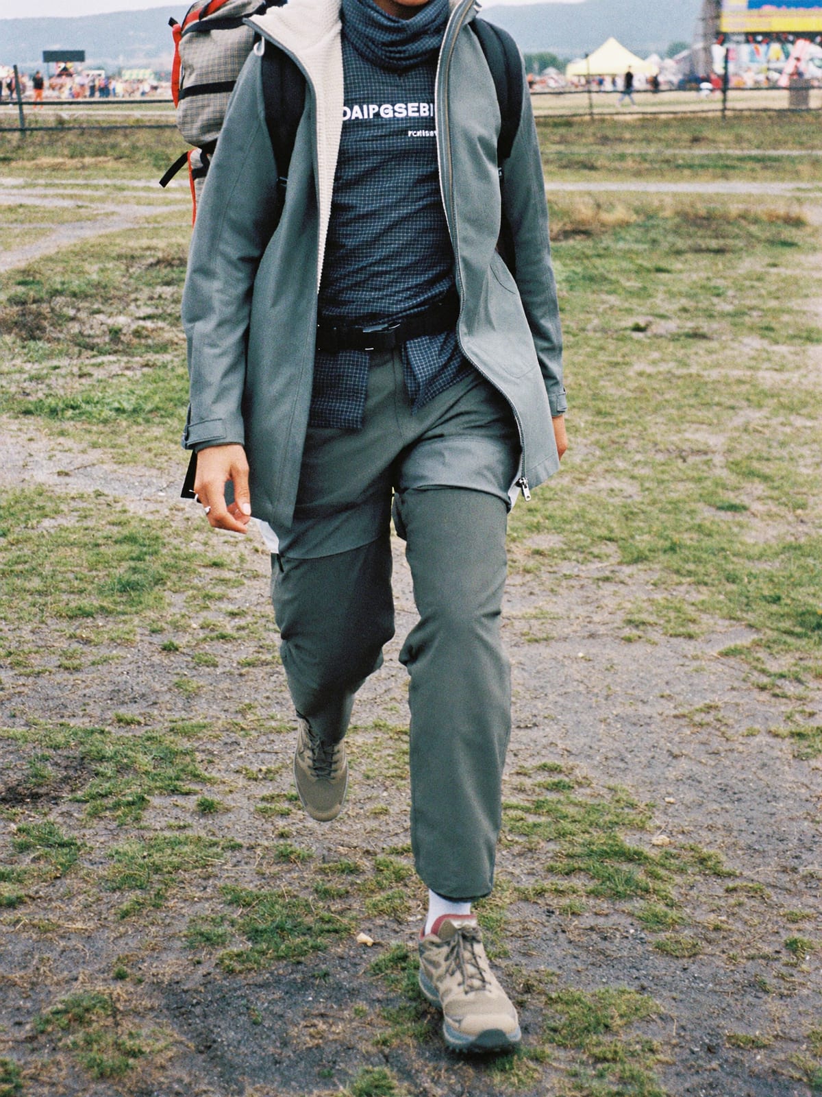 Gorpcore Utility outfit for Creamfields: technical waterproof shell, utility trousers, trail runners