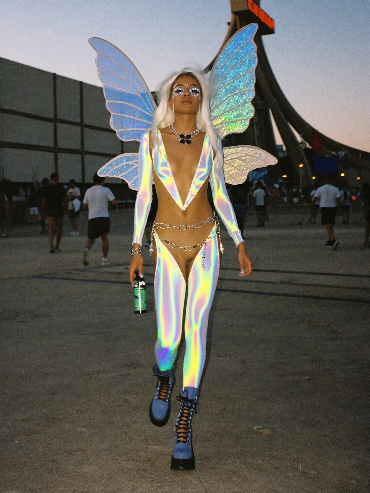 Cyber Fairy outfit for Electric Daisy Carnival Las Vegas: holographic bodysuit, fairy wings or light-up halo, platform boots
