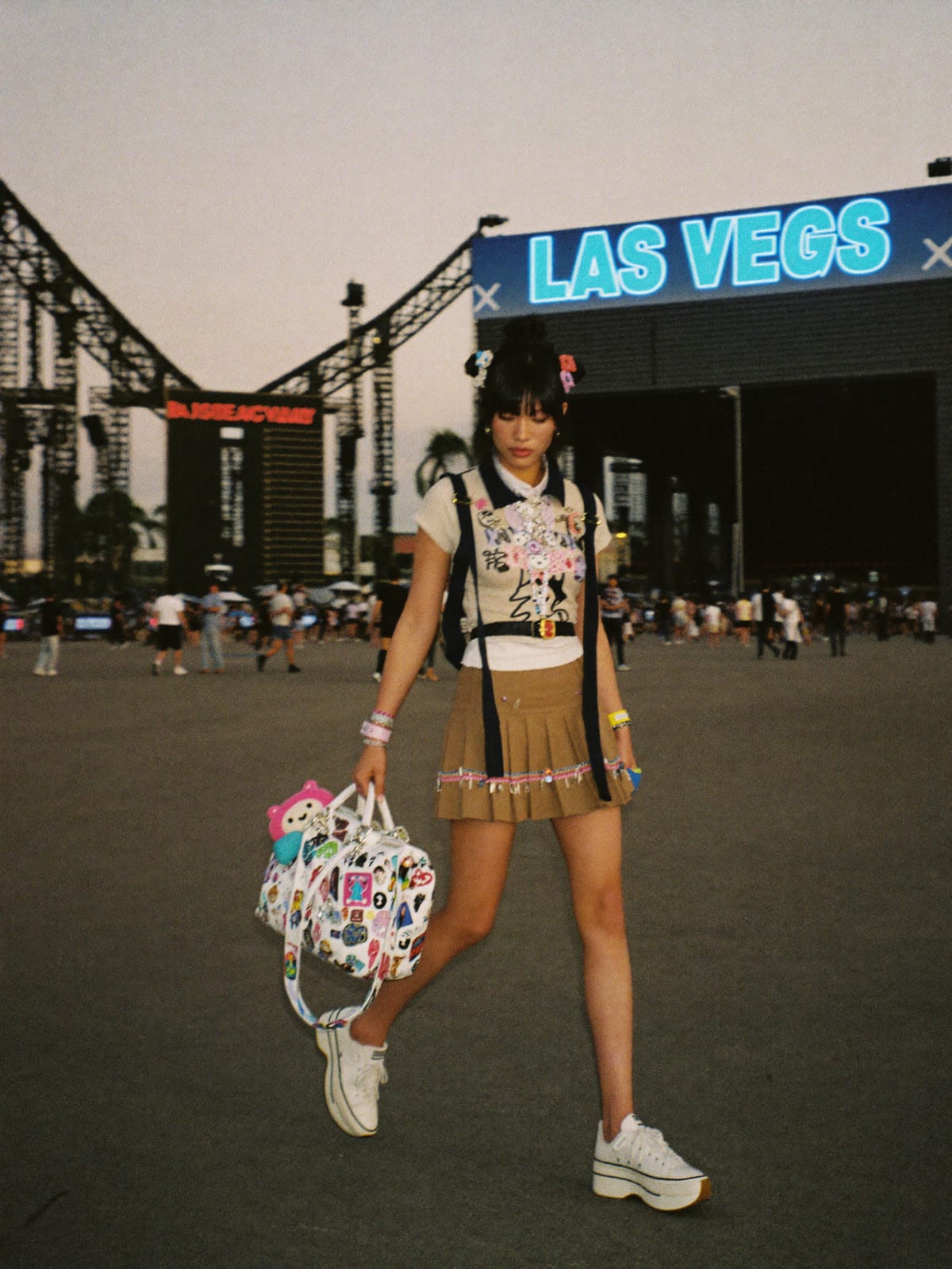 Kawaii Layer outfit for Electric Daisy Carnival Las Vegas: pleated skirt set, graphic layering tee, platform sneakers
