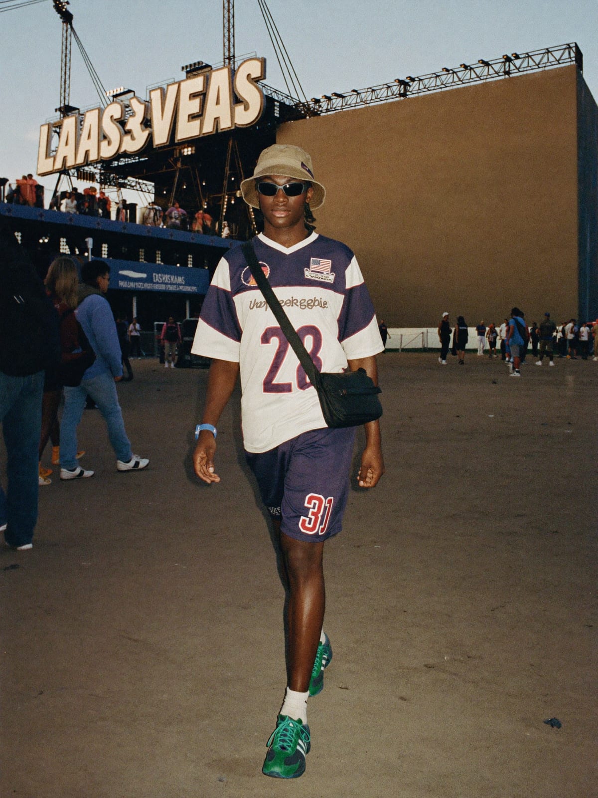 Jersey Core outfit for Electric Daisy Carnival Las Vegas: retro football or racing jersey, mesh or nylon shorts, terrace trainers