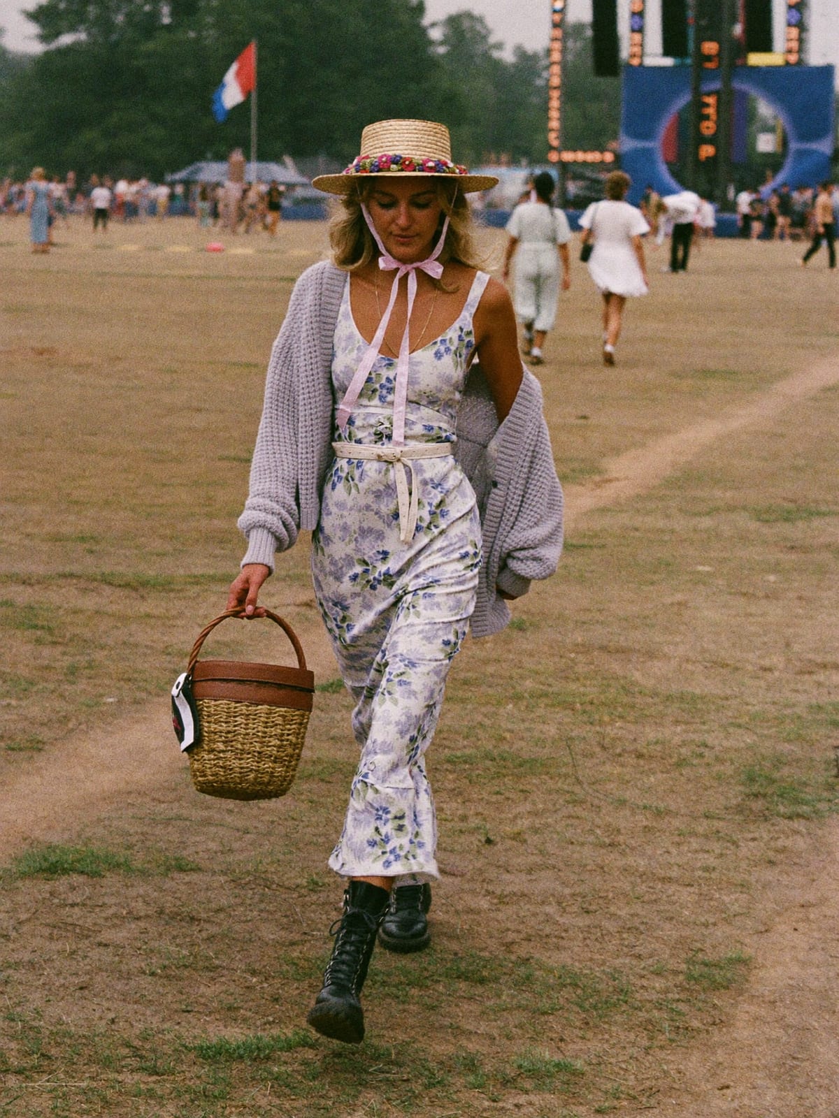 Cottagecore Field outfit for Electric Castle: floral midi or prairie dress, cropped knit cardigan, chunky lace-up boots