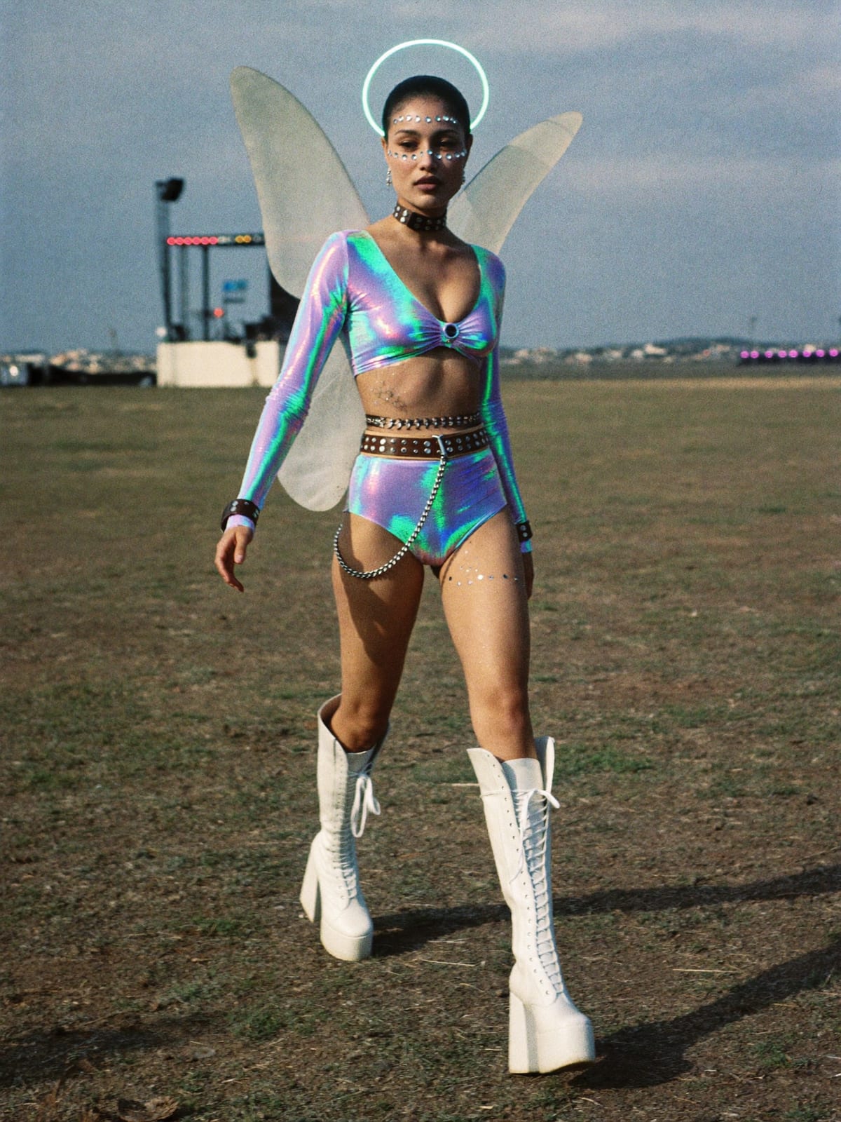 Cyber Fairy outfit for Electric Castle: holographic bodysuit, fairy wings or light-up halo, platform boots