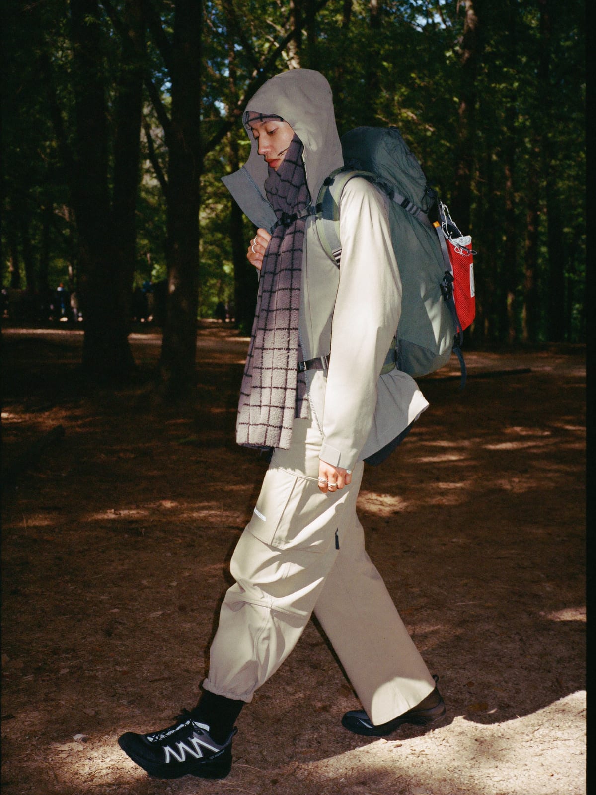 Gorpcore Utility outfit for Electric Forest: technical waterproof shell, utility trousers, trail runners
