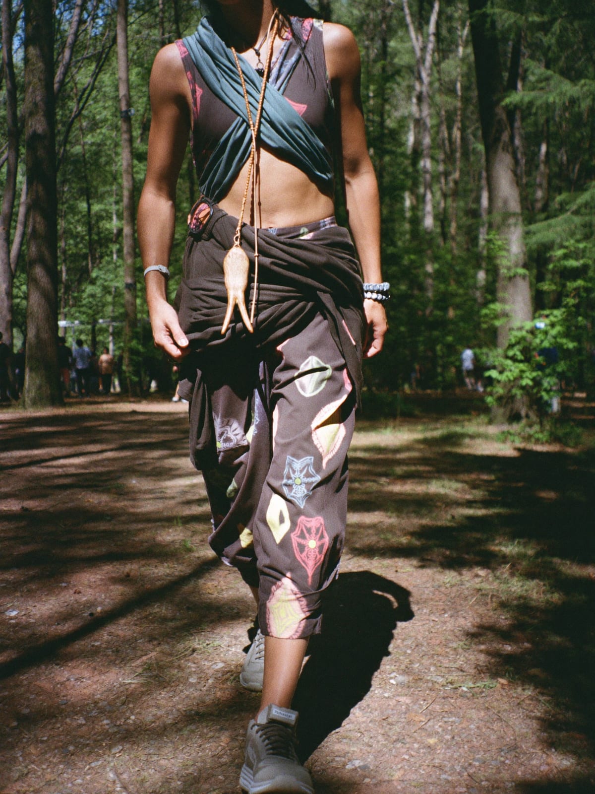 Psy Tribal outfit for Electric Forest: harem or parachute trousers, UV-print vest or wrap top, lightweight trail trainers