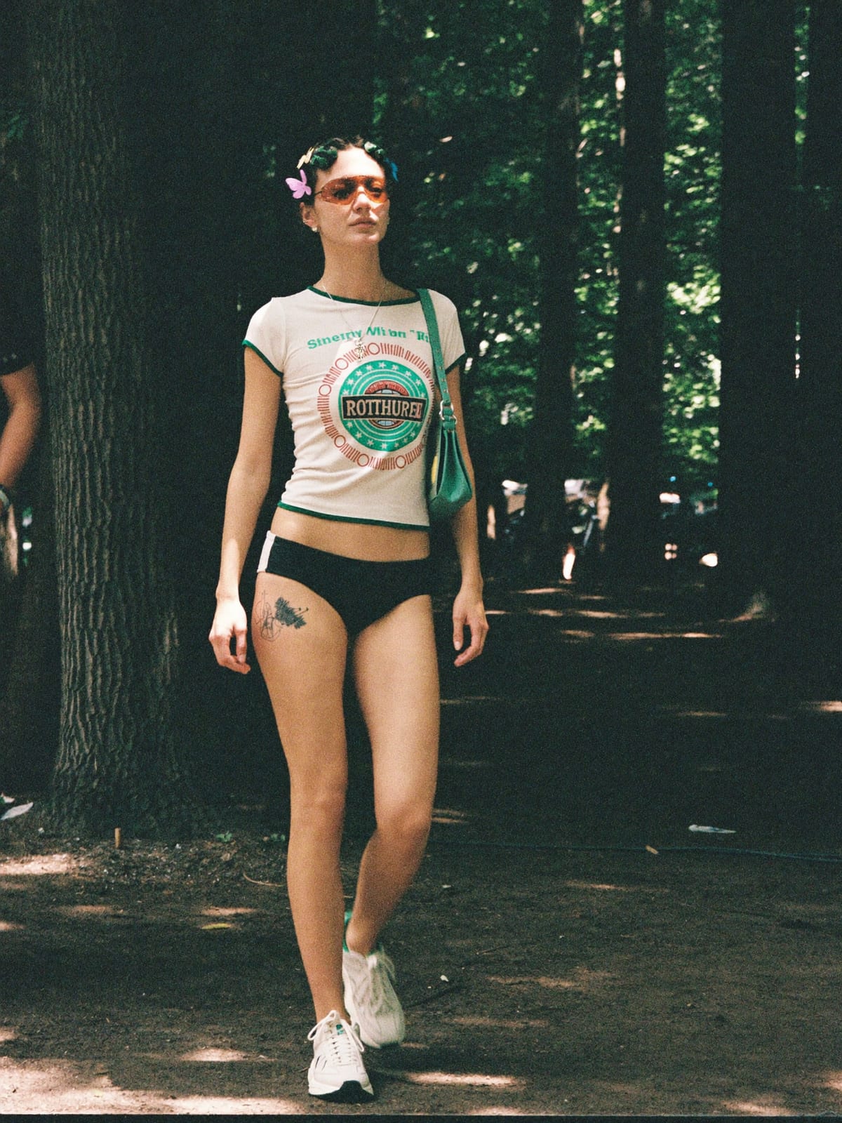 Y2K Revival outfit for Electric Forest: baby tee or halter top, low-rise cargo or micro mini, chunky retro trainers