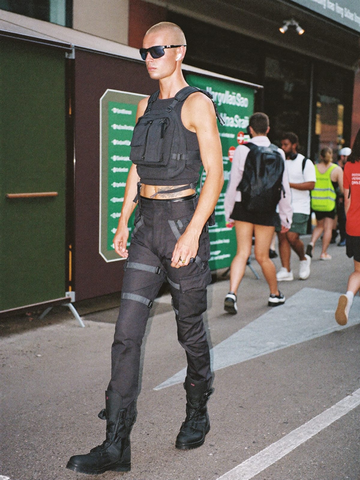 Cyberpunk Utility outfit for EXIT Festival: technical vest or shell, strap cargo trousers, tactical boots