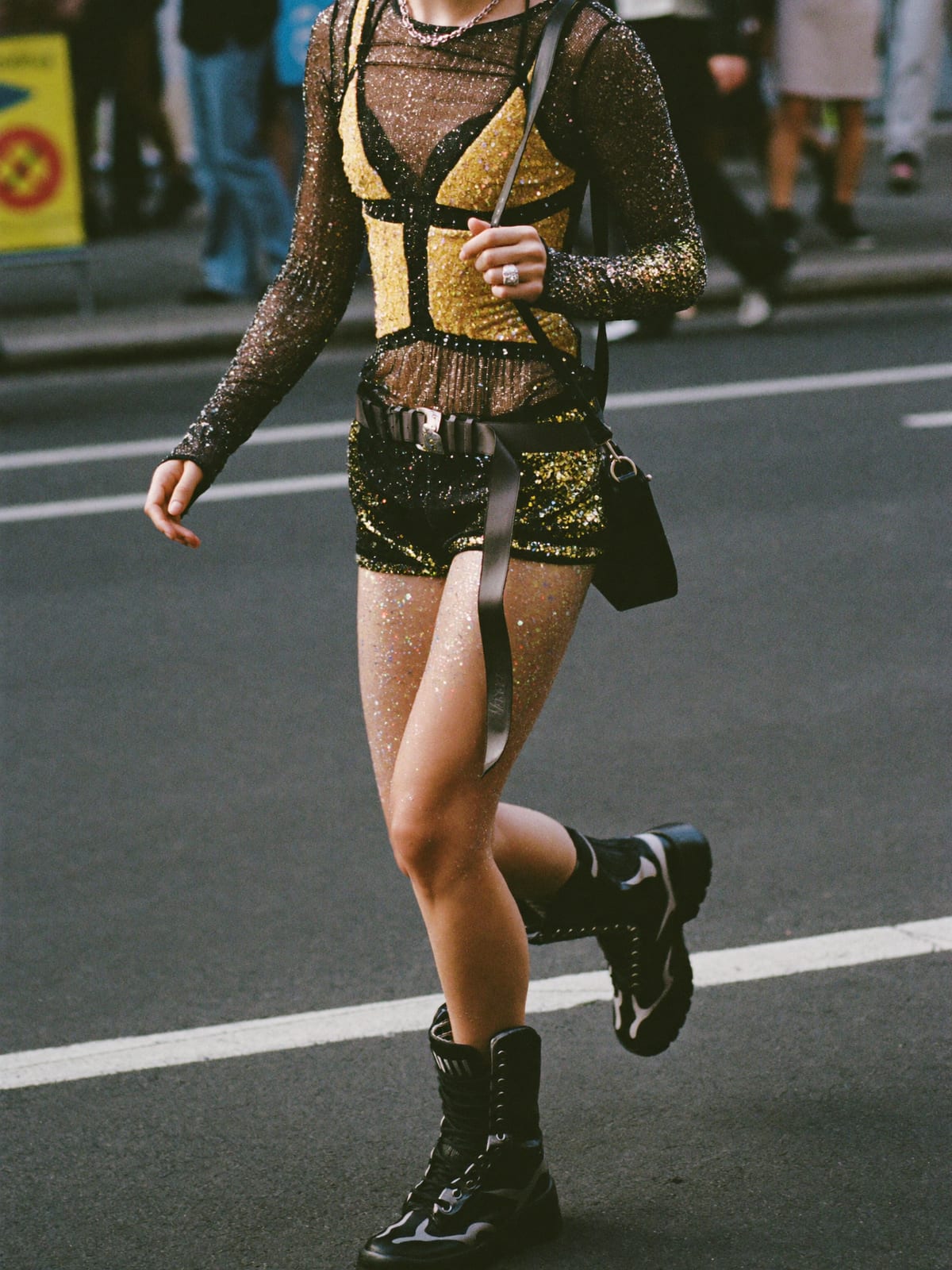 Mesh & Muscle outfit for EXIT Festival: mesh long sleeve or harness, short shorts, chunky trainers or boots