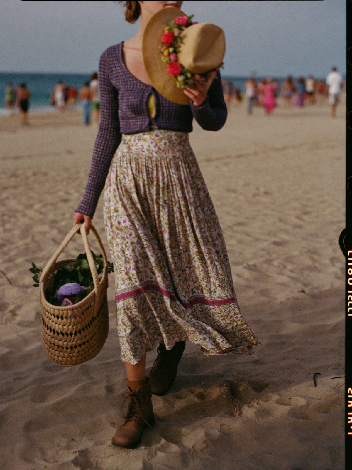 Cottagecore Field outfit for Gnaoua World Music Festival: floral midi or prairie dress, cropped knit cardigan, chunky lace-up boots