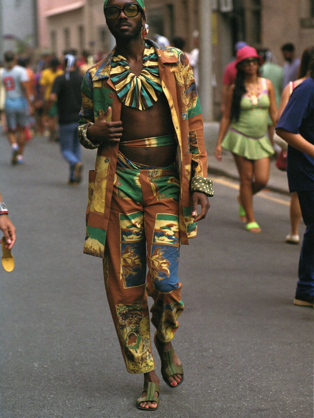Afro Print Statement outfit for Holi in Mathura: printed co-ord set, open shirt or wrap top, leather sandals or slides