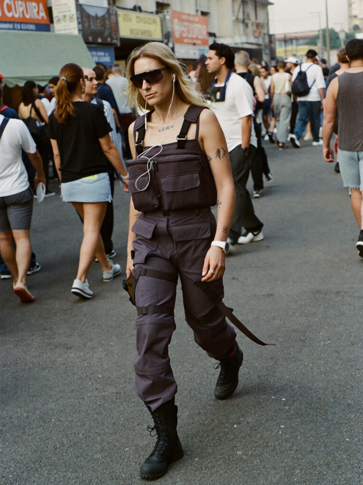 Cyberpunk Utility outfit for Holi in Mathura: technical vest or shell, strap cargo trousers, tactical boots