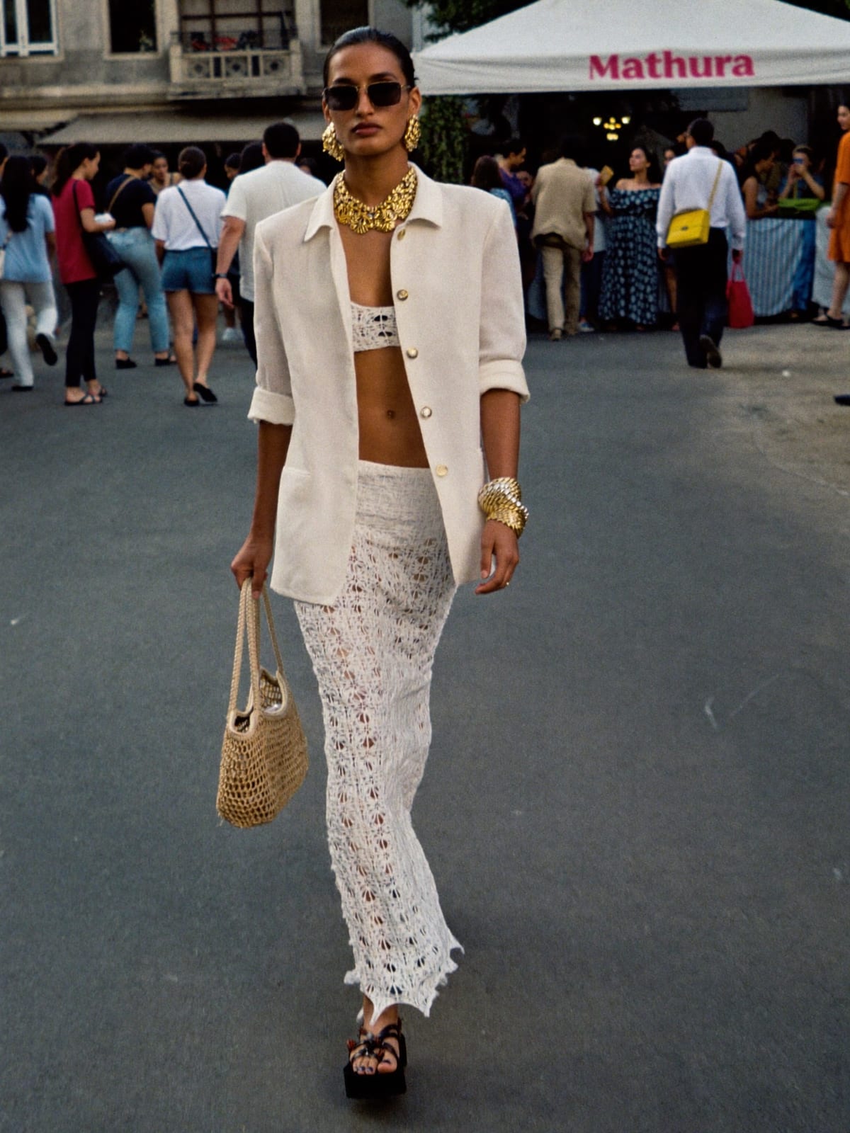All-White outfit for Holi in Mathura: white linen co-ord, white crochet or cut-out dress, leather sandals