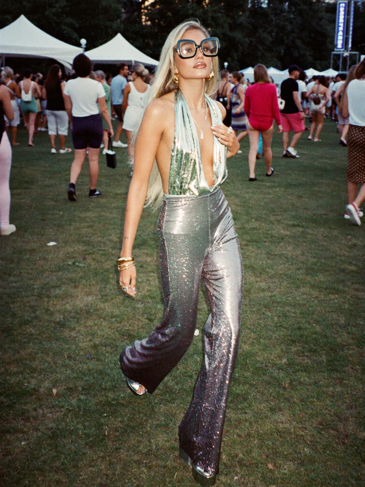 Glam Disco outfit for Lollapalooza: sequin co-ord or jumpsuit, metallic flares, platform boots