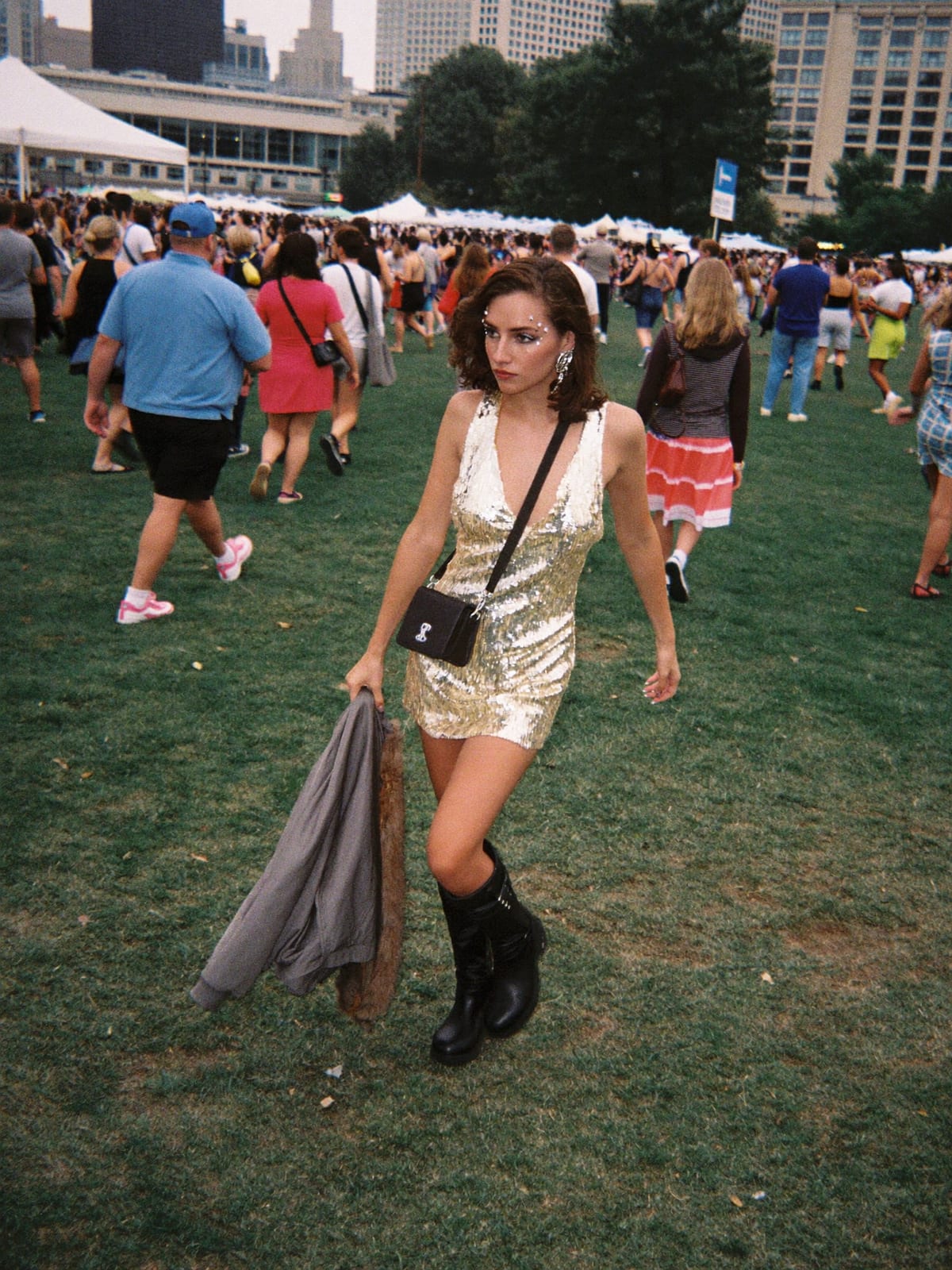 Sequin After Dark outfit for Lollapalooza: sequin mini dress, faux fur or bomber for later, knee-high boots