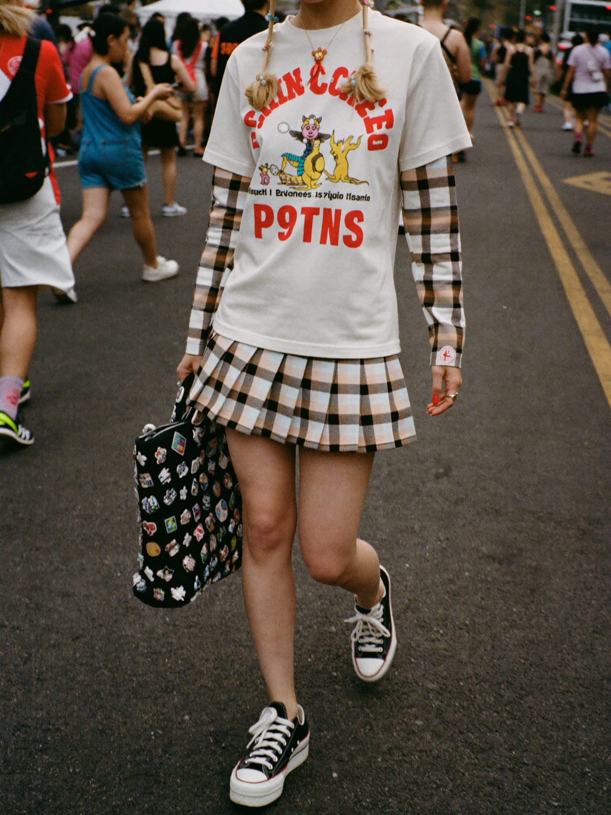 Kawaii Layer outfit for Mardi Gras New Orleans: pleated skirt set, graphic layering tee, platform sneakers