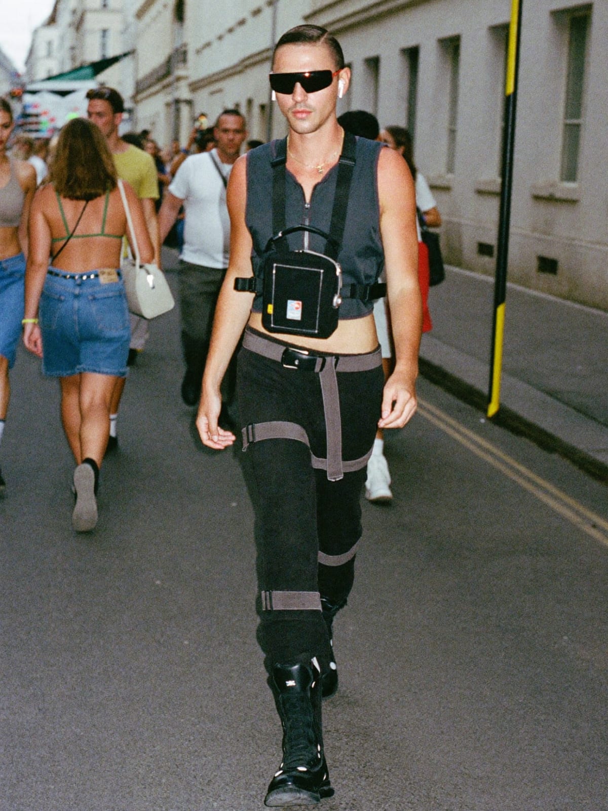 Cyberpunk Utility outfit for Montreux Jazz Festival: technical vest or shell, strap cargo trousers, tactical boots
