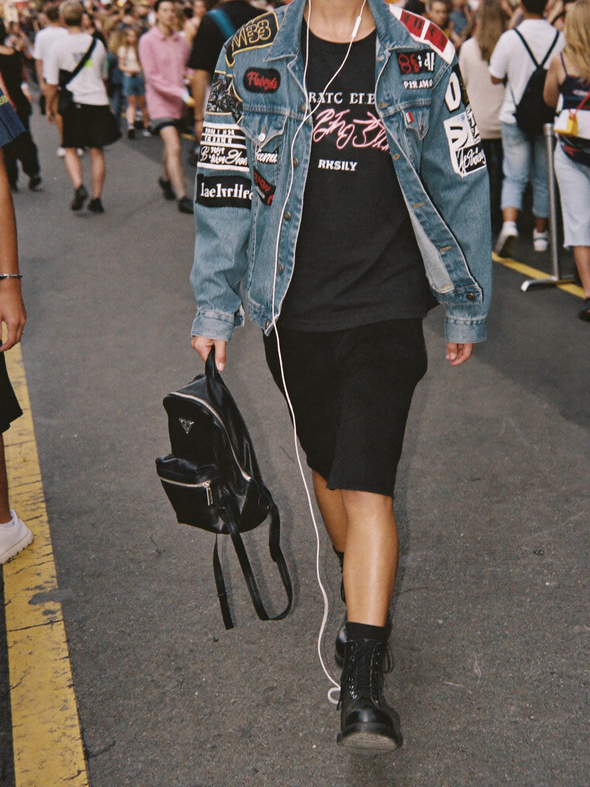 Metal Uniform outfit for Montreux Jazz Festival: black band tee, denim battle jacket with patches, black jeans or shorts