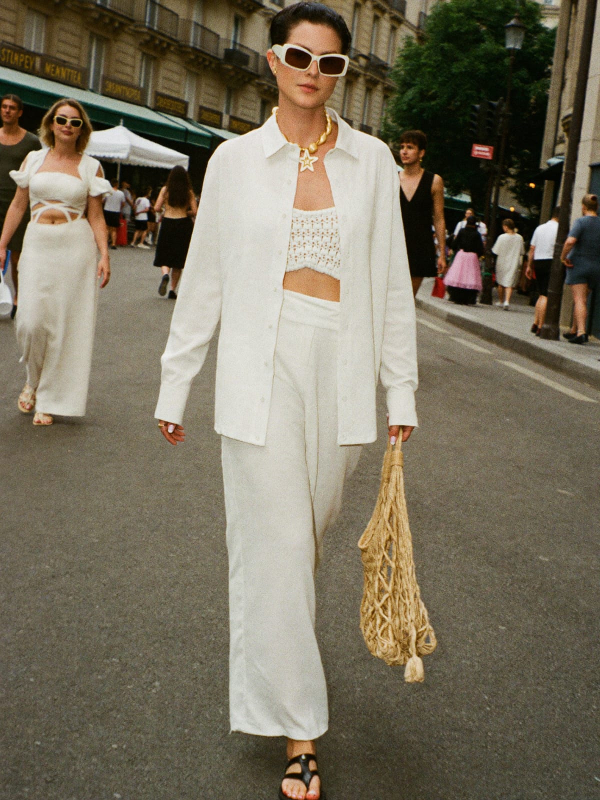 All-White outfit for Montreux Jazz Festival: white linen co-ord, white crochet or cut-out dress, leather sandals