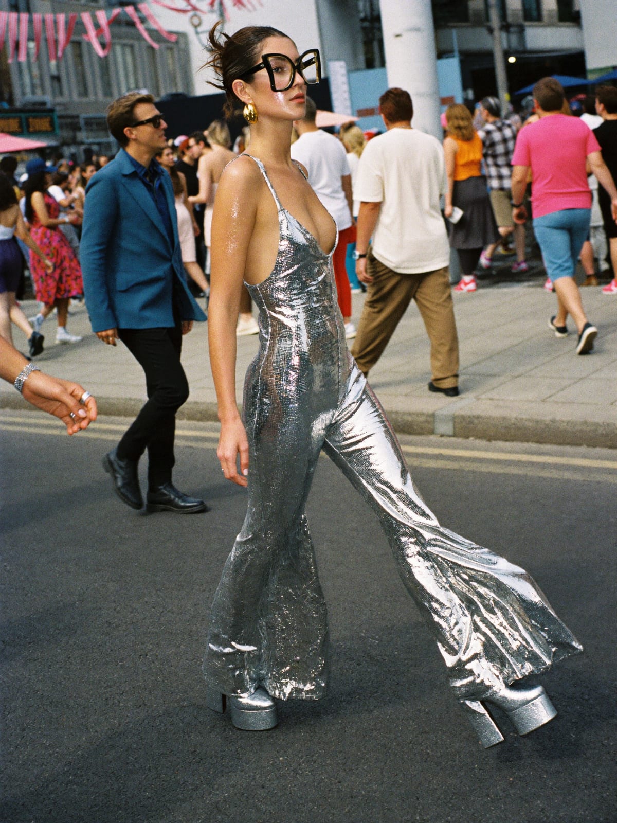 Glam Disco outfit for Nice Carnival: sequin co-ord or jumpsuit, metallic flares, platform boots