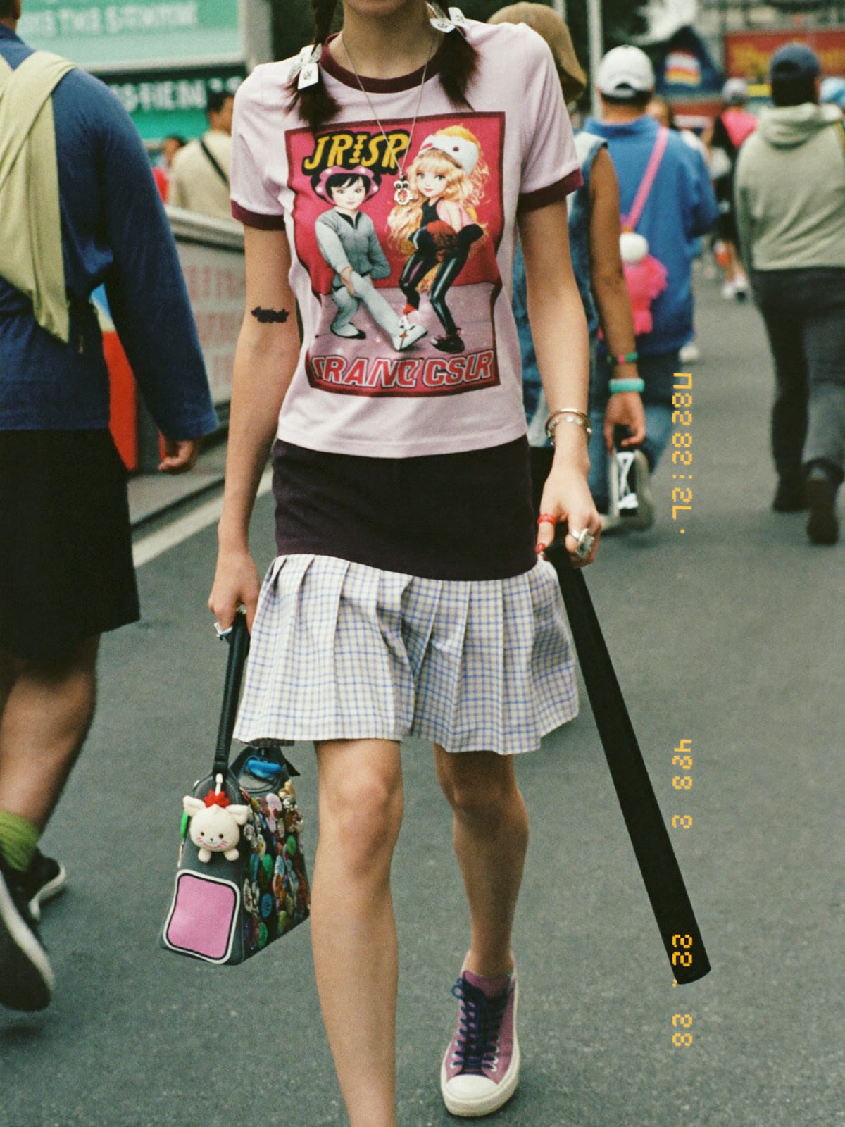 Kawaii Layer outfit for Nice Carnival: pleated skirt set, graphic layering tee, platform sneakers