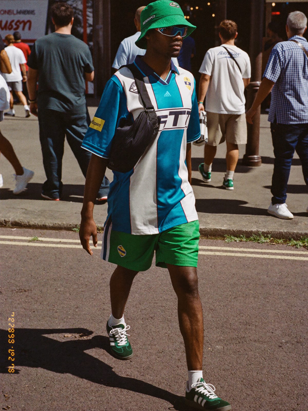 Jersey Core outfit for Notting Hill Carnival: retro football or racing jersey, mesh or nylon shorts, terrace trainers