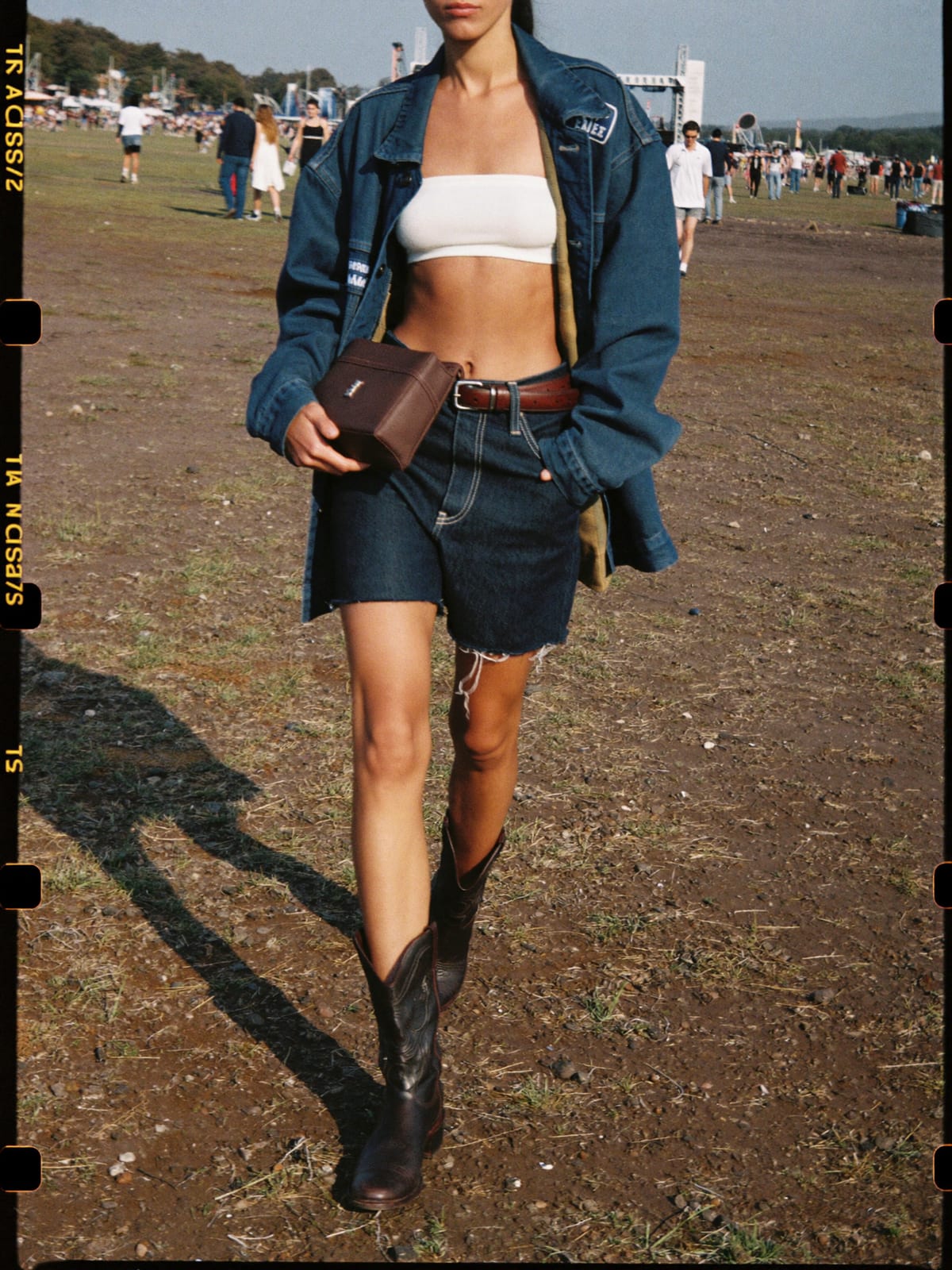 Double Denim outfit for Pol’and’Rock Festival: oversized denim jacket, denim shorts or straight jeans, plain white tee or bandeau