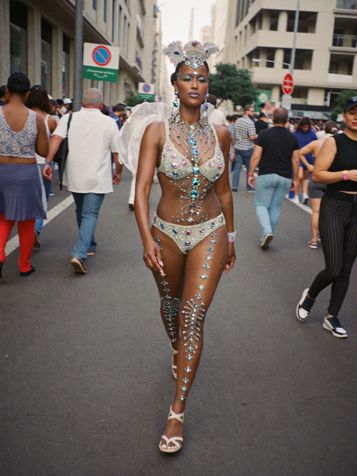 Carnival Feathers outfit for Rio Carnival: feather headpiece and wings, sequin bodysuit, body gems and glitter