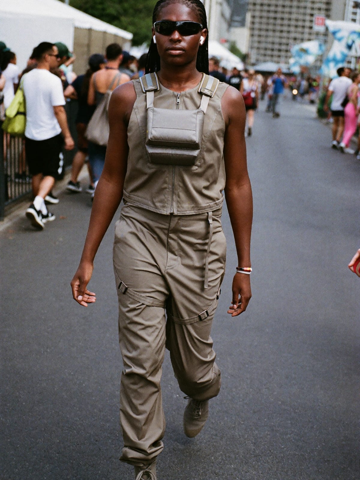 Cyberpunk Utility outfit for Rio Carnival: technical vest or shell, strap cargo trousers, tactical boots