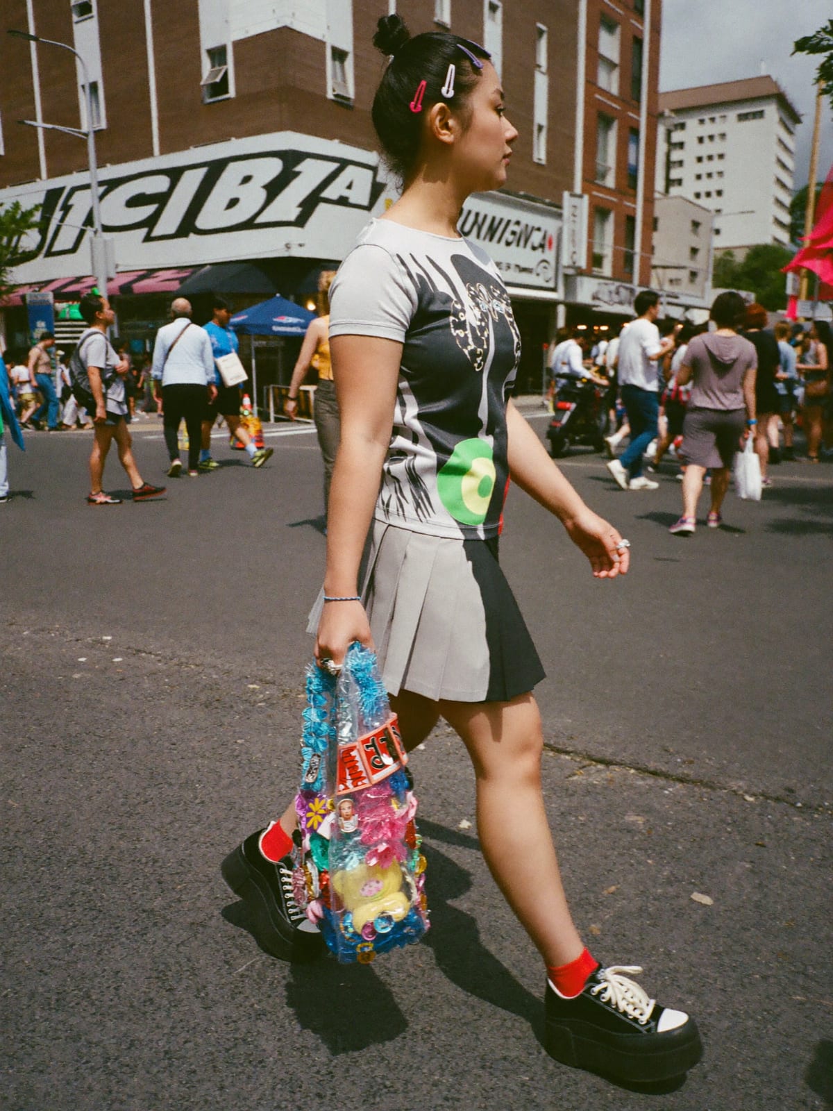 Kawaii Layer outfit for Rio Carnival: pleated skirt set, graphic layering tee, platform sneakers