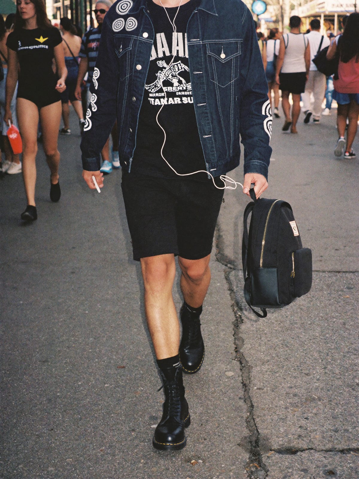 Metal Uniform outfit for Salvador Carnival: black band tee, denim battle jacket with patches, black jeans or shorts