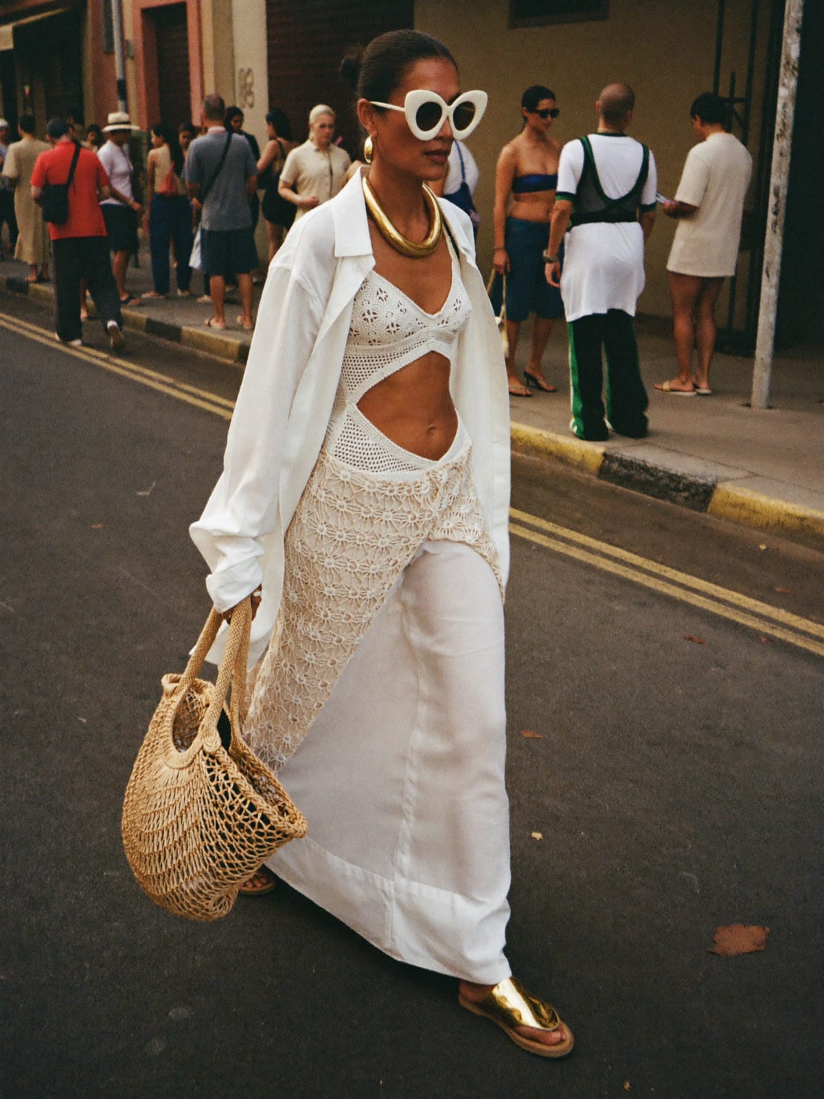 All-White outfit for Salvador Carnival: white linen co-ord, white crochet or cut-out dress, leather sandals