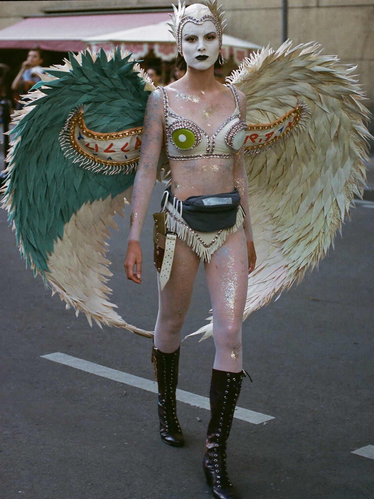 Full Costume outfit for San Fermín: full themed costume or wings, body gems, glitter and paint, boots you can walk kilometres in