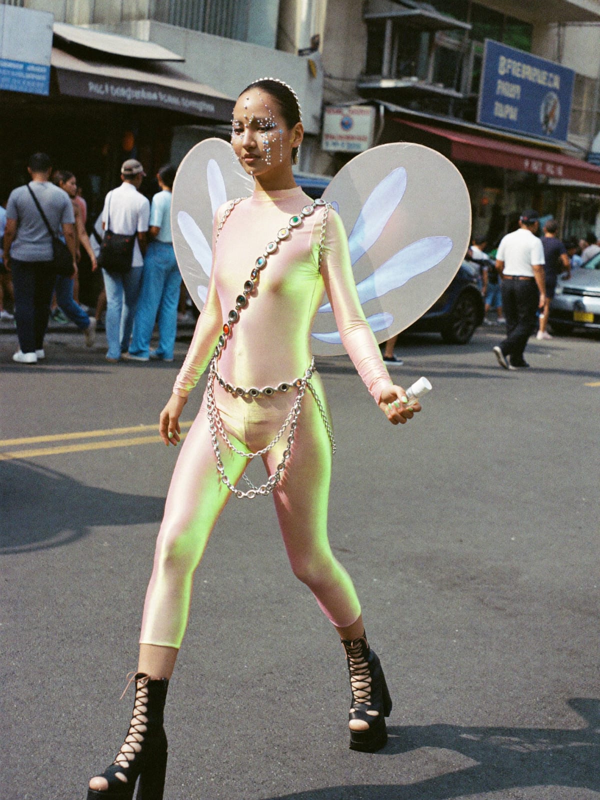 Cyber Fairy outfit for Songkran Bangkok: holographic bodysuit, fairy wings or light-up halo, platform boots