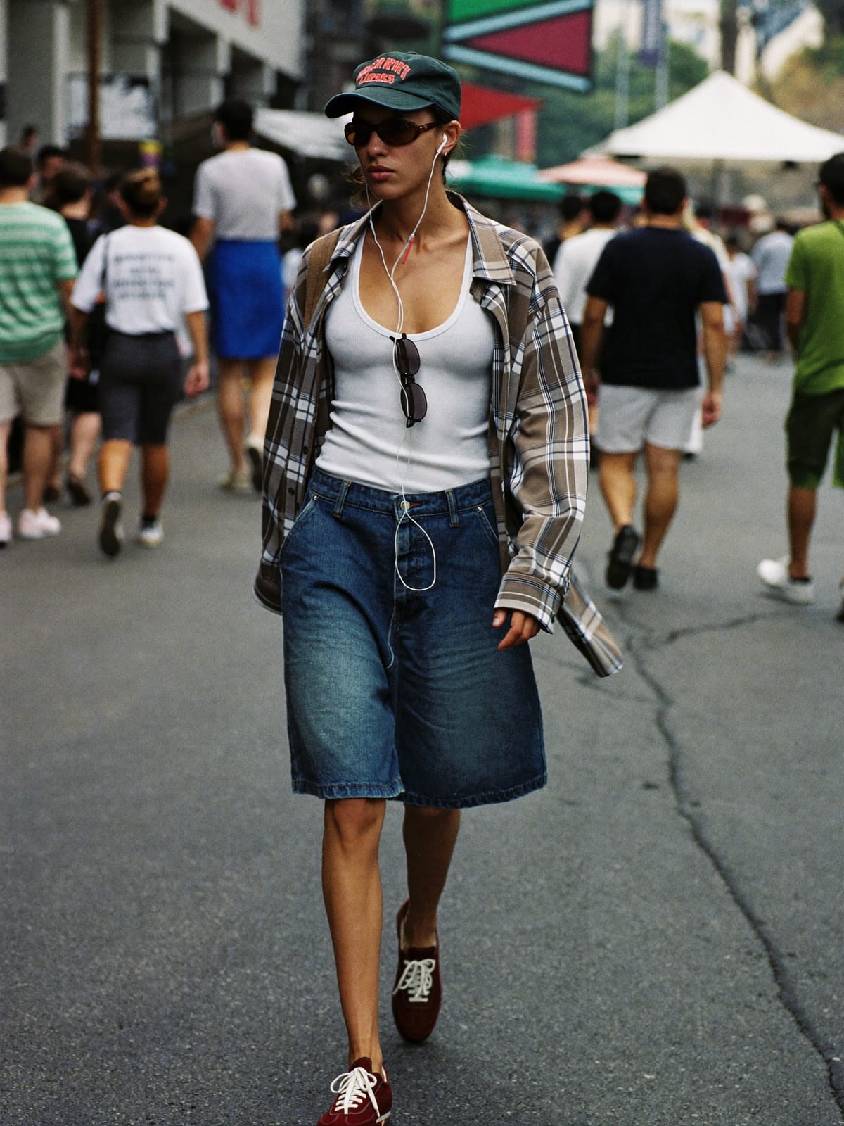 Jorts & Tank outfit for Songkran Bangkok: denim jorts, ribbed tank or open camp shirt, canvas or retro runners