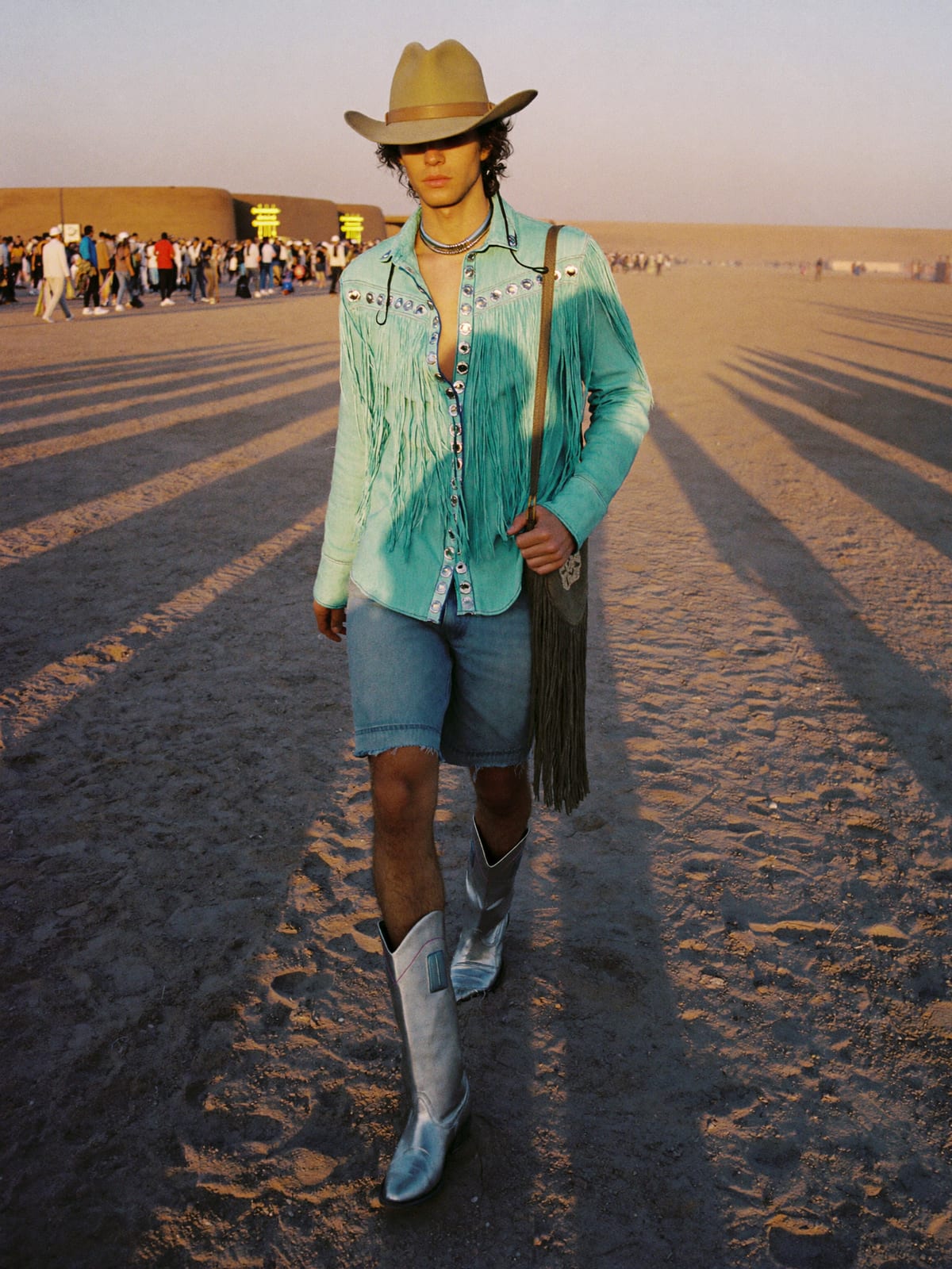 Cowboy Core outfit for MDLBEAST Soundstorm: straw or felt cowboy hat, western shirt or fringed top, denim shorts or straight jeans