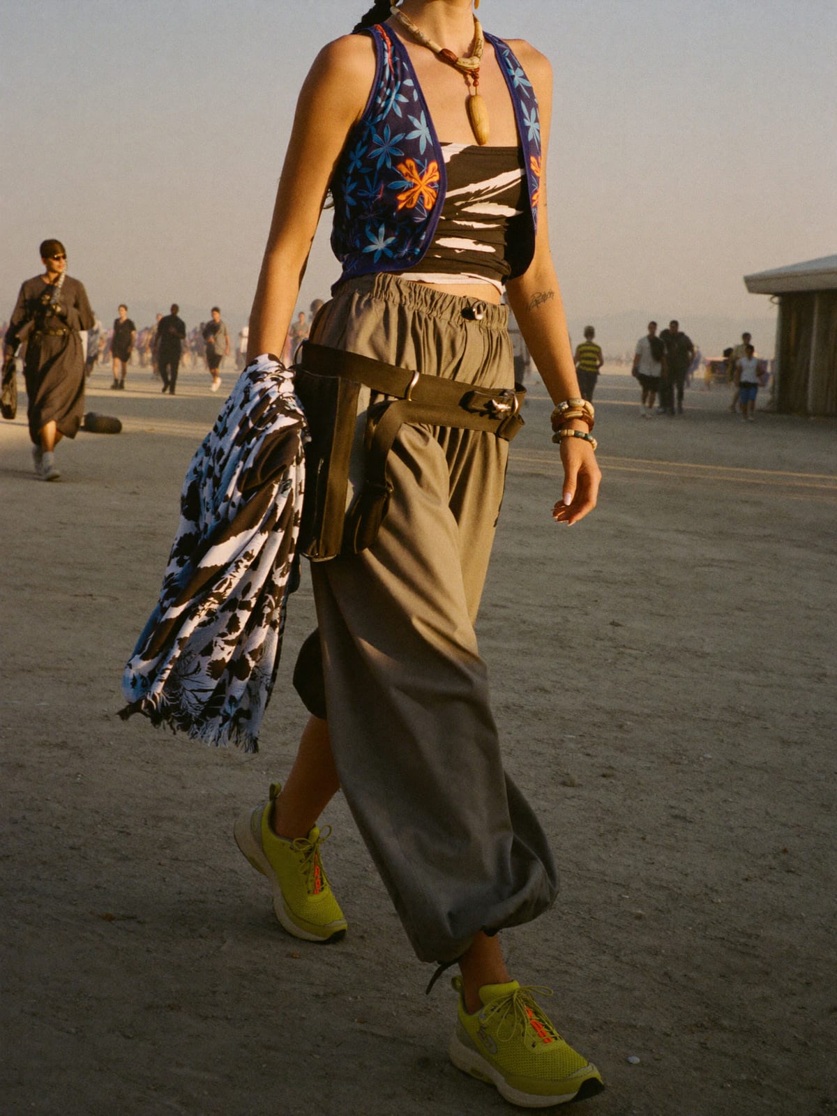 Psy Tribal outfit for Stagecoach: harem or parachute trousers, UV-print vest or wrap top, lightweight trail trainers
