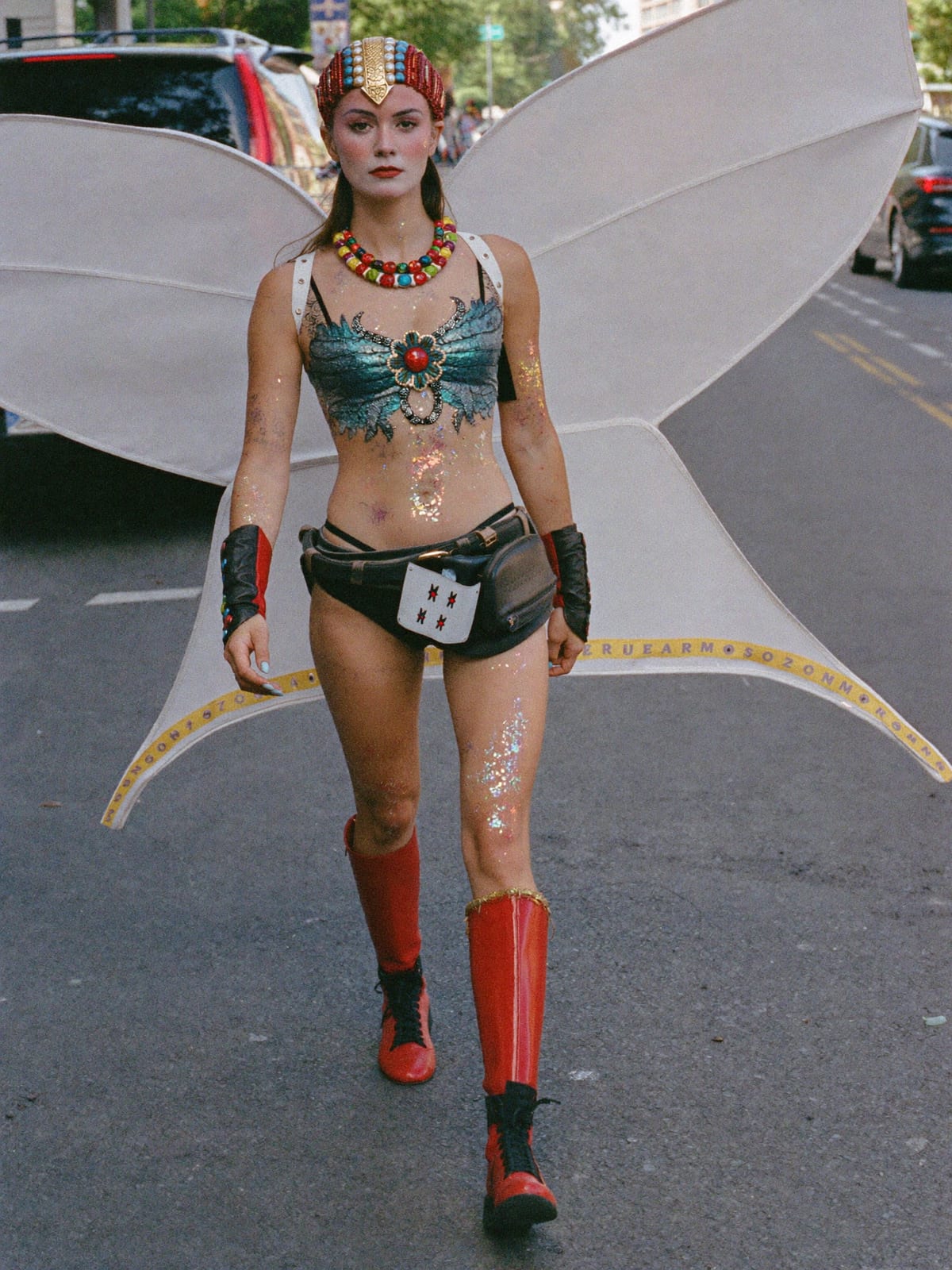 Full Costume outfit for Zurich Street Parade: full themed costume or wings, body gems, glitter and paint, boots you can walk kilometres in
