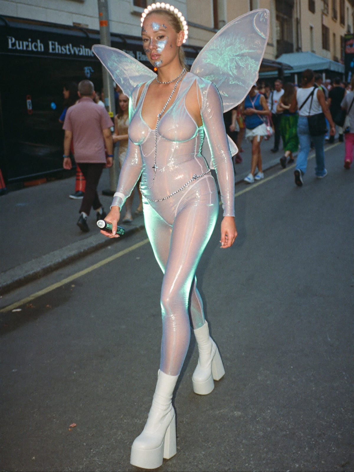 Cyber Fairy outfit for Zurich Street Parade: holographic bodysuit, fairy wings or light-up halo, platform boots