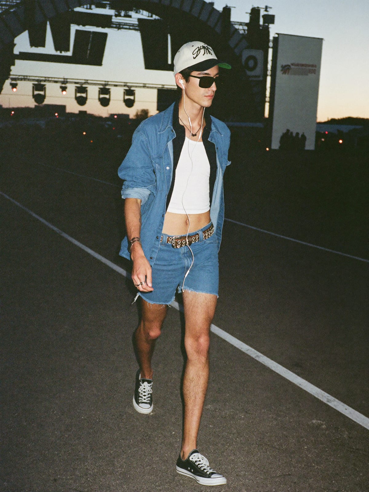 Jorts & Tank outfit for Summer Sonic: denim jorts, ribbed tank or open camp shirt, canvas or retro runners